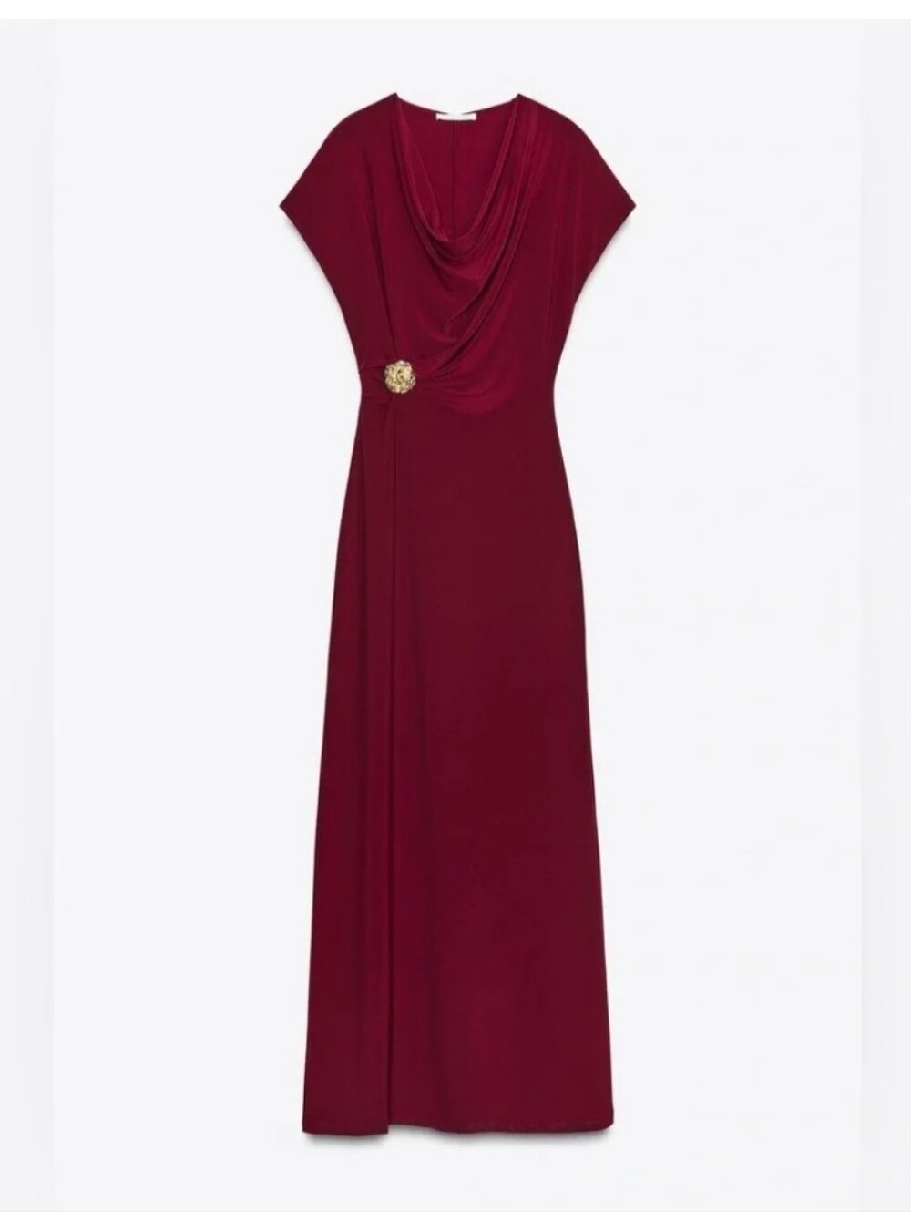 Zara Burgundy Cowl-Neck Maxi Dress with Gold Button at Waist SZ M